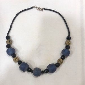 Blue West African glass and metal bead necklace